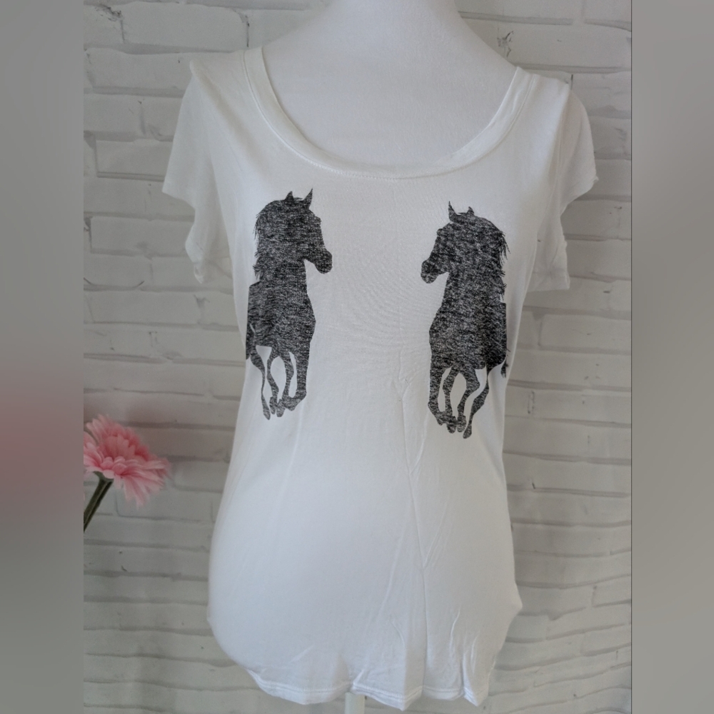 Express White Tee with Black Horse Print